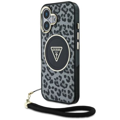 Guess HC IML Leopard Triangle Cord Strap MagSafe iPhone 16 Hülle - Schwarz