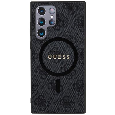3. Guess 4G Collection Leder-Metall-Logo MagSafe-Hülle für Samsung Galaxy S24 Ultra – Schwarz
