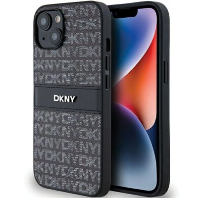 DKNY Leder-Monostreifen- und Metall-Logo-Hülle für iPhone 15/14/13 – Schwarz