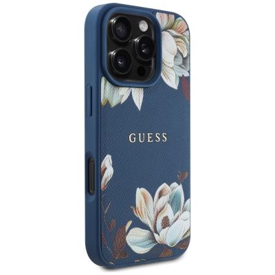 4. Guess Grained Printed Flower Pattern MagSafe Case für iPhone 16 Pro Blau