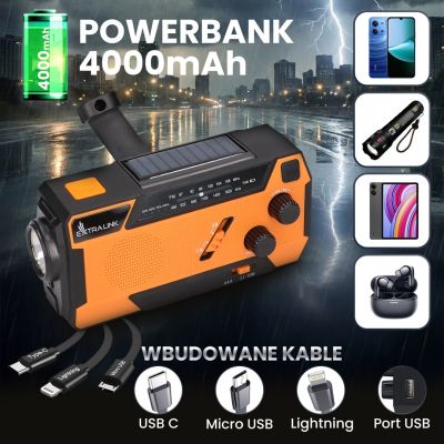 39. Extralink Solar-Notfallradio mit Kurbeldynamo-Powerbank (4000 mAh) und SOS-Taschenlampe SR-4000, tragbar, analog, Schwarz/Orange