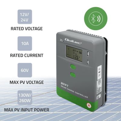 3. Qoltec MPPT-Solarladeregler mit Temperatursensor 10 A | 12 V / 24 V | LCD | 2 x USB | Bluetooth | App | GEL | LiFePO4