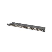 Hochdichtes Patchpanel 19 Zoll, 24x RJ45, LSA-Level, Cat. 6A, geschirmt, 0,5 HE, schwarz, Kabelführung