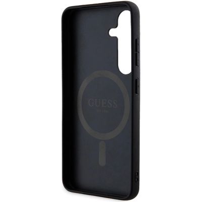 6. Guess 4G Collection Leder Metall Logo MagSafe Hülle für Samsung Galaxy S24 – Schwarz