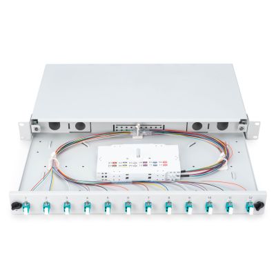 16. FO-Patchpanel mit Ausstattung 19 Zoll 1 HE, 12x LC DX, OM3, Anschlusskabel, Adapter, Einschubfächer, verschiebbar, grau