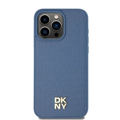 3. DKNY MagSafe-Hülle aus Leder mit Monogrammmuster und Metalllogo für iPhone 15 Pro Max – Blau