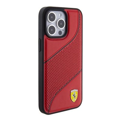 4. Ferrari Perforated Waves Metal Logo Hülle für iPhone 15 Pro – Rot