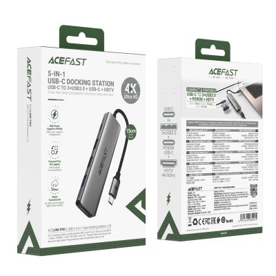 5. Acefast J16 USB-Hub USB-C 5-in-1 HDMI 4K 60Hz PD90W Dockingstation – Grau