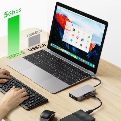8. Tech-Protect HB05 HUB 9in1 Adapter USB-C + USB2.0 + USB3.0 + HDMI 4K 60HZ + SD / TF + PD100W + RJ45 - Grau