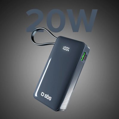 4. Powerbank SBS 10000 mAh 20W mit integriertem USB-C-Kabel und Digitalanzeige - dunkelgrau