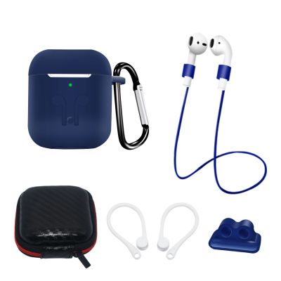 Set aus AirPods 2 / AirPods 1 Silikonhülle + Hülle / Ohrbügel / Umhängeband / Uhrenarmbandhalter / Karabiner - Blau