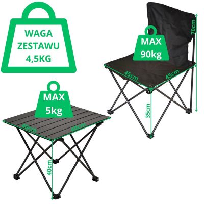 45. Faltbares Touristen-Set 3-in-1 Tisch und 2 Stühle Schwarz Enero Camp