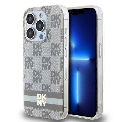 DKNY IML Checkered Mono Pattern & Printed Stripes MagSafe-Hülle für iPhone 13 Pro Max – Beige