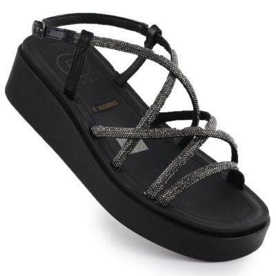 7. Damen-Keilsandalen im römischen Stil mit Zirkonia, schwarz, Filippo DS6898