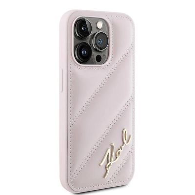 4. Karl Lagerfeld Diagonal Quilted Script Hülle für iPhone 15 Pro Max – Rosa