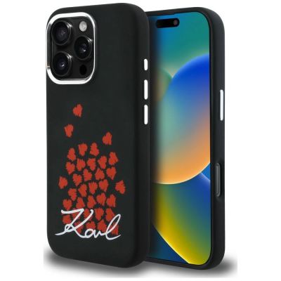Karl Lagerfeld Silikonhülle mit Herzlogo und MagSafe-Funktion für iPhone 16 Pro Max – Schwarz