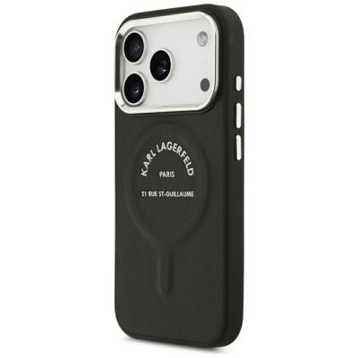 2. Karl Lagerfeld MagSafe Hülle mit geprägtem offenem Ring und RSG-Logo für iPhone 17 Pro / 18 Pro – Schwarz