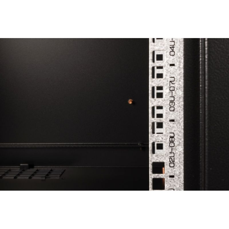 7. Digitus Unique 19" 9U Rackmount-Netzwerkschrank, 600x600 mm, Glastür, schwarz, ungeteilt, montiert, 100 kg