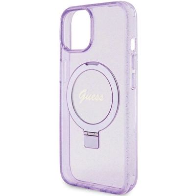 6. Guess Ring Stand Script Glitter MagSafe Hülle für iPhone 15 Plus / 14 Plus – Lila