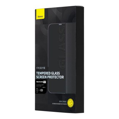 5. Baseus Vollbild-Hartglas für iPhone 14 Pro mit Lautsprecherabdeckung 0,3 mm + Montagerahmen