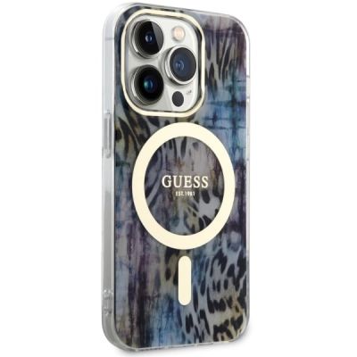 4. Guess GUHMP14LHLEOPWB iPhone 14 Pro 6.1" Blau/Blau Hardcase Leopard MagSafe