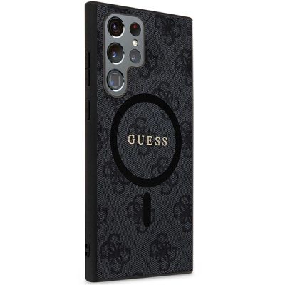 4. Guess 4G Collection Leder-Metall-Logo MagSafe-Hülle für Samsung Galaxy S24 Ultra – Schwarz