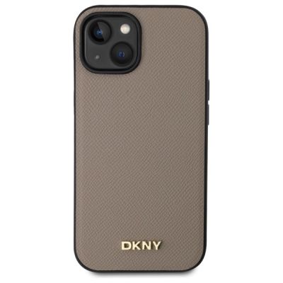 3. DKNY MagSafe iPhone 15 Hülle mit genarbtem Metalllogo – Beige