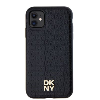 3. DKNY MagSafe-Hülle aus Leder mit Monogrammmuster und Metalllogo für iPhone 11 / Xr – Schwarz