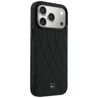 4. Mercedes Lederhülle mit gekreuzten Linien und MagSafe-Design für iPhone 17 Pro Max / 18 Pro Max – Schwarz