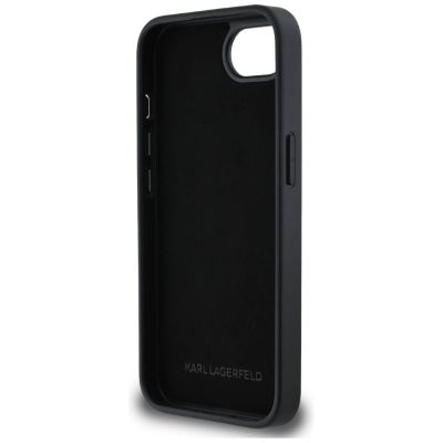 7. Karl Lagerfeld iPhone 16e Hülle mit Monogramm-Karl-Kopf-Anstecker - Schwarz