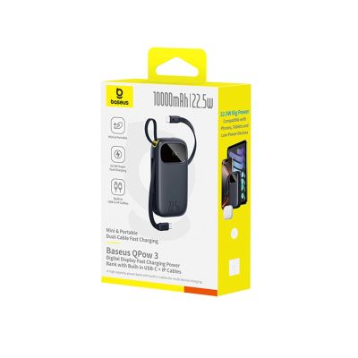 4. Baseus EnerFill FC31 10000 mAh 22,5 W Powerbank mit Digitalanzeige und 2 integrierten Kabeln (USB-C + Lightning) - Schwarz