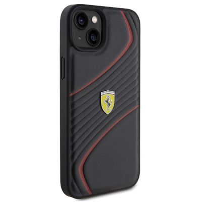 4. Ferrari Twist Metal Logo-Hülle für iPhone 15 Plus – Schwarz