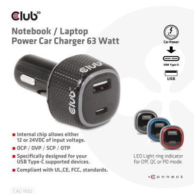 2. CLUB3D CAC-1922 Schwarzes automatisches Feuerzeug-Ladegerät für Mobilgeräte und Laptops