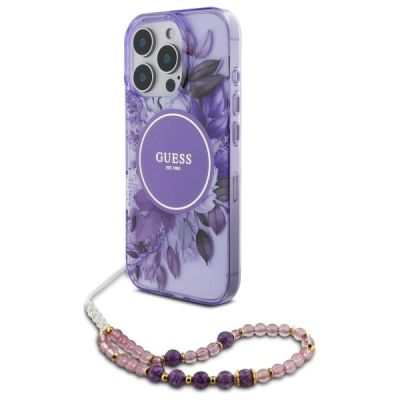 Guess IML Flowers MagSafe Hülle mit Perlenriemen für iPhone 16 Pro Max – Lila