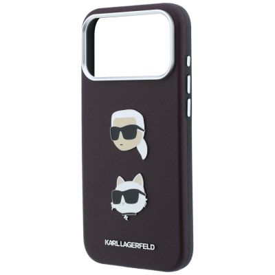 6. Karl Lagerfeld Saffiano Hülle mit Karl & Choupette Köpfen Pins & Logo für iPhone 18 Pro / 17 Pro - bordeauxrot