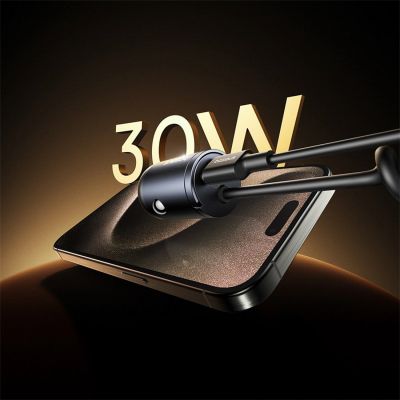 7. Baseus Tiny Star 30W Autoladegerät mit integriertem Spiral-USB-C-Kabel – Schwarz