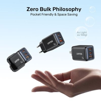 3. UNITEK GAN Wandladegerät 2x USB-C USB-A, PD 3.0, 65W, Schwarz