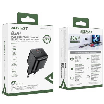 7. Acefast A77 Mini PD 30W GaN USB-C Wandladegerät – Schwarz