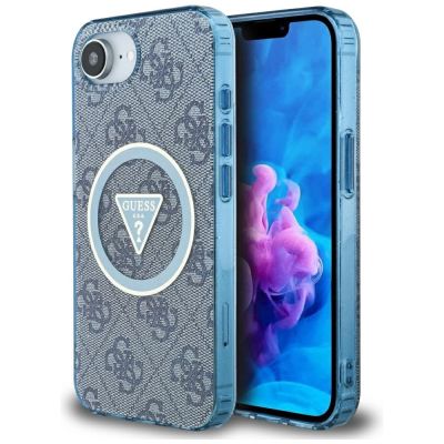 Guess IML Metal Glitter 4G Circle Triangle MagSafe Case für iPhone 16e - Blau