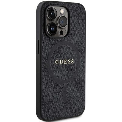 4. Guess 4G Collection MagSafe-Hülle aus Leder und Metalllogo für iPhone 14 Pro Max – Schwarz