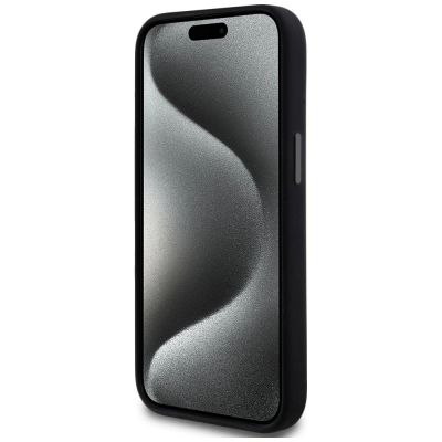 5. DKNY Flüssigsilikon-MagSafe-Hülle mit kleinem Metalllogo für iPhone 14/15/13 – Schwarz