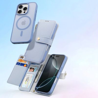 3. Dux Ducis Lawa iPhone 16 Pro Lederhülle mit abnehmbarer magnetischer Brieftasche - Blau