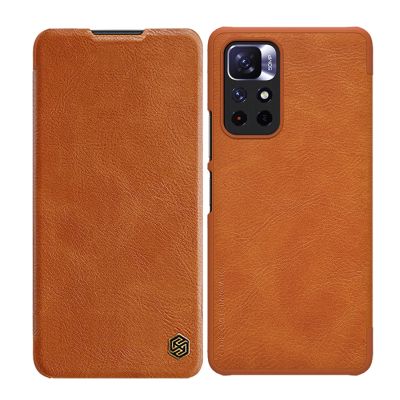 Nillkin Qin Case Schutzhülle für Xiaomi Redmi Note 11T 5G / Note 11S 5G / Note 11 5G (China) / Poco M4 Pro 5G, Kamera-Abdeckung, Holster-Abdeckung, Klapphülle, Braun