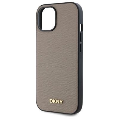 6. DKNY MagSafe iPhone 15 Hülle mit genarbtem Metalllogo – Beige