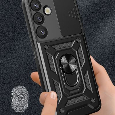 5. Hybrid Armor Camshield-Hülle mit Kameraabdeckung und Metallring für Samsung Galaxy S25+ – Schwarz