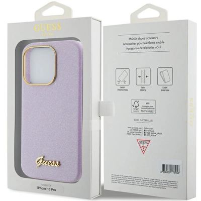 8. Guess Glitter Glossy Script Hülle für iPhone 15 Pro – Flieder
