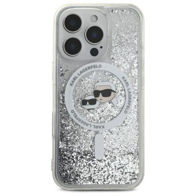 3. Karl Lagerfeld Liquid Glitter Karl & Choupette Head Magsafe Hülle für iPhone 16 Pro – transparent