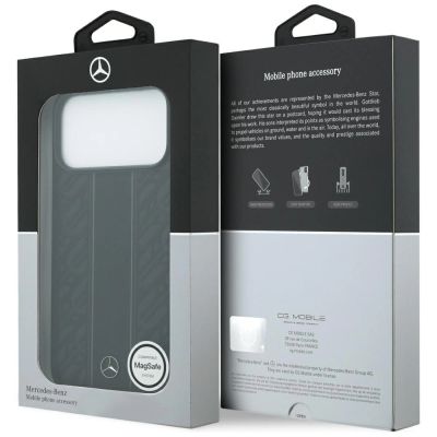 8. Mercedes Lederhülle mit Lorbeerblattstreifen und MagSafe-Design für iPhone 17 Pro Max – Schwarz