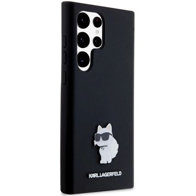 4. Karl Lagerfeld Silikon Choupette Metal Pin Hülle für Samsung Galaxy S24 Ultra – Schwarz