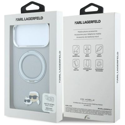 8. Karl Lagerfeld with Ring Stand 360 Karl & Choupette Heads Pin MagSafe Hülle für iPhone 18 Pro Max / 17 Pro Max – Grau